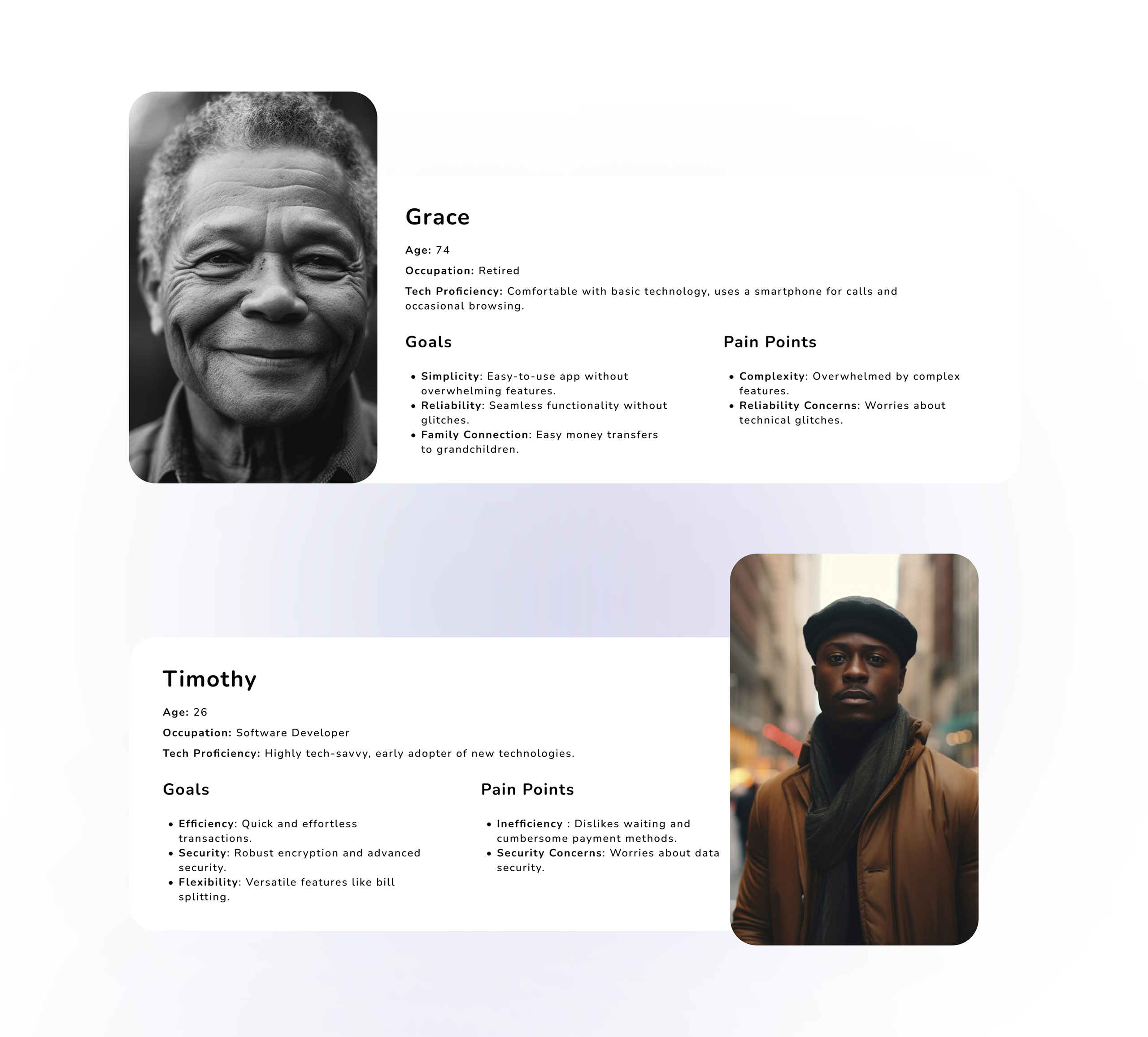 QR Pay user personas — Grace and Timothy